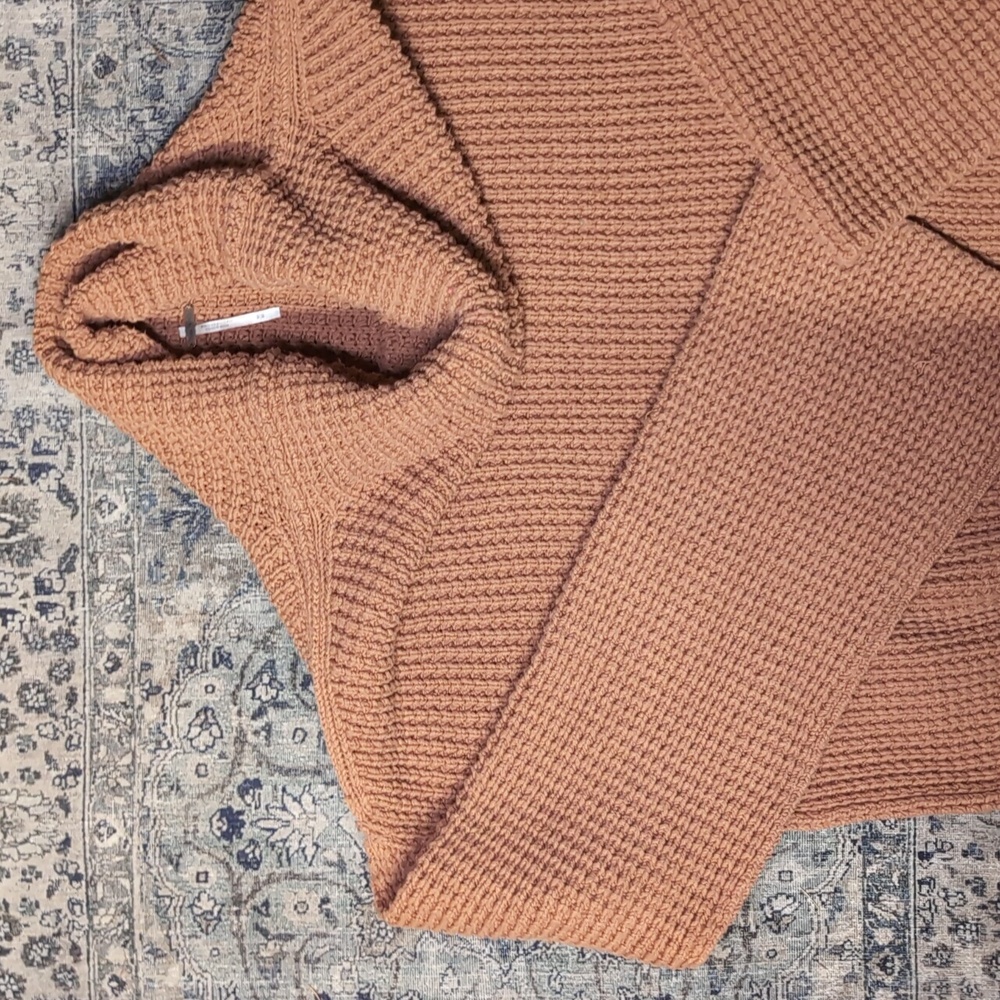 Free People Long Bell Sleeve Chunky Knit Funnel Neck Turtle Sweater in Rust